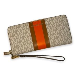 MICHAEL KORS Center Stripe Vanilla Orange Multi Continental Zip Wallet Wristlet